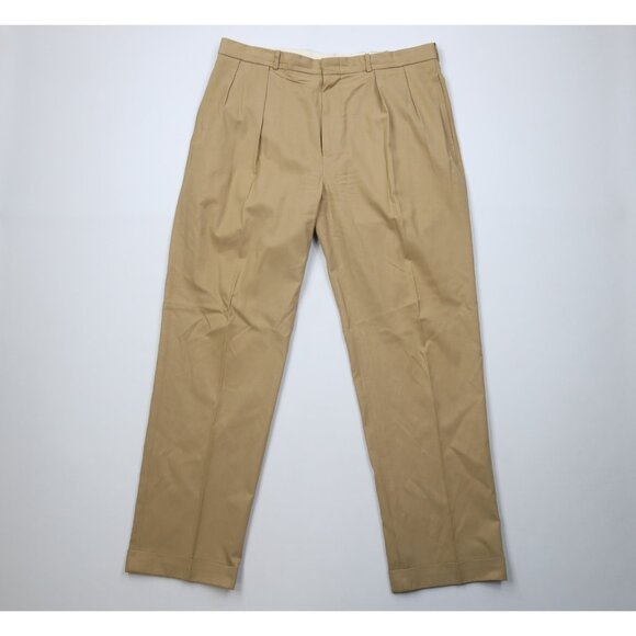 Vintage 90s Ralph Lauren Mens 38x32 Faded Silk Blend Wide Leg Chino Pants Beige